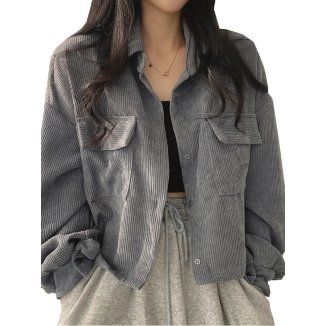 2025 Autmn Women's Shirt Jacket French Retro Single Breasted Collared Corduroy Long Sleeve Short Stylish Outerwear
