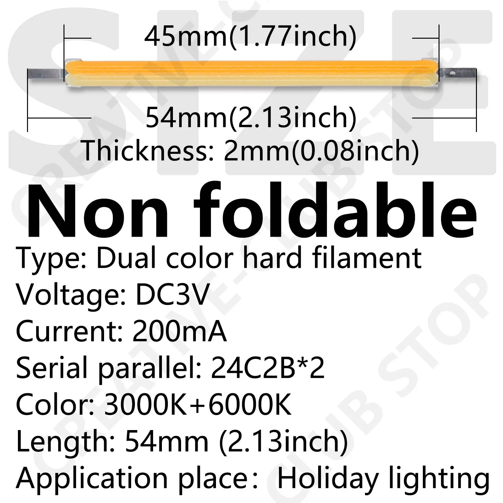 Dwukolorowy twardy żarnik 54 mm Ciepła biel 3000 K i zimna biel 6000 K LED cob Filament DC3V Dioda elektroluminescencyjna DIY Części lampy