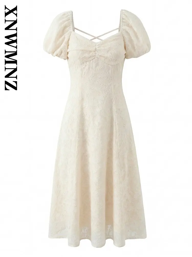 

XNWMNZ 2026 Summer Lady Casual Chic Square Collar midi Dress Party Fashion Woman's Short Sleeve Evening Party Thin Slim Dresses