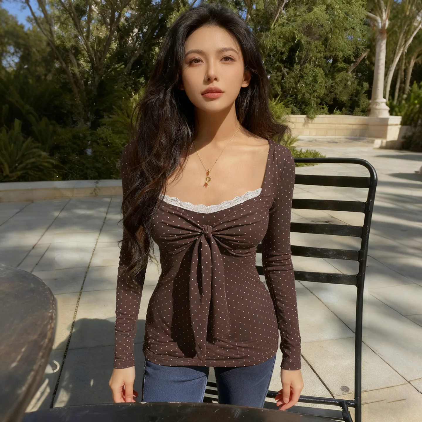 

Lace Patchwork Bow Sweetheart Neck Long Sleeve T shirt Cute Polka Dot Vintage Slim Fit Inner Top for Women