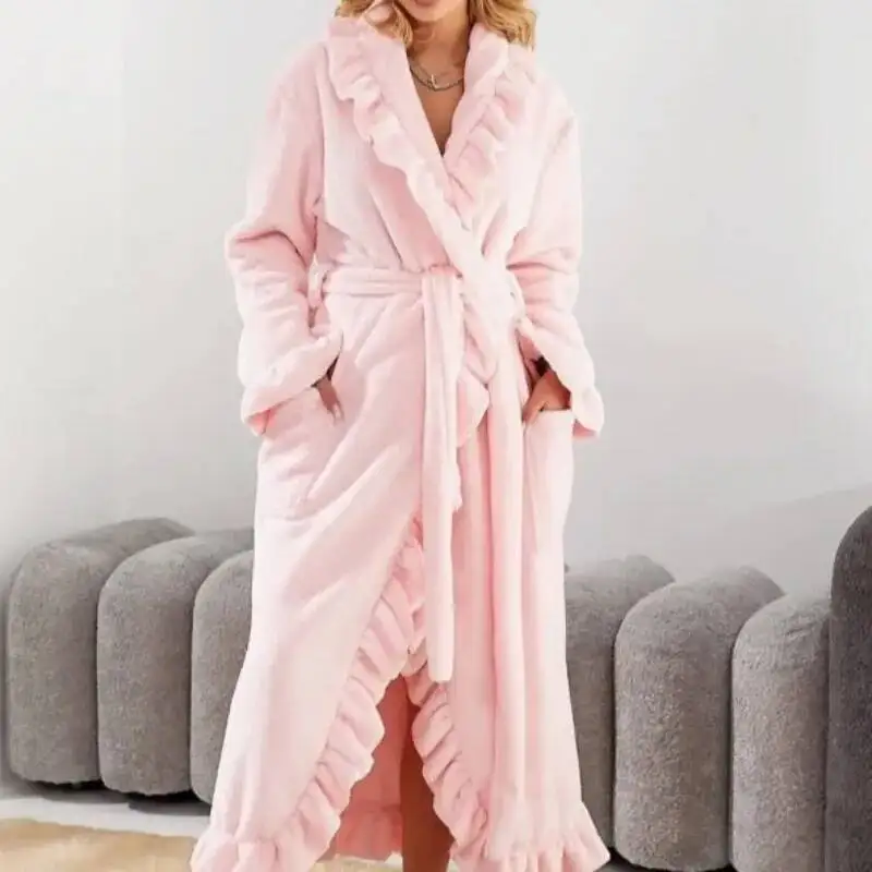 Women's Long Warm Robe Home Wear 2026 Autumn And Winter Coral Velvet Thickened Bathrobe Casual Soft Solid Lace Up Loungewear