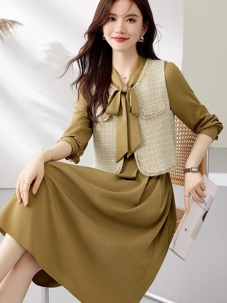 Vimly Elegant Vintage Two Piece Dress Sets for Women 2023 Autumn Winter Bow Neck Long Sleeve Pleated Midi Dress Tweed Vest M2802