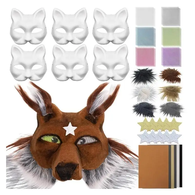 

652F 6Pieces White Cats Face Mask Unpainted Masquerades Mask for Halloween Includes Furry Trim Eye Mesh Felted Cloth Sticker