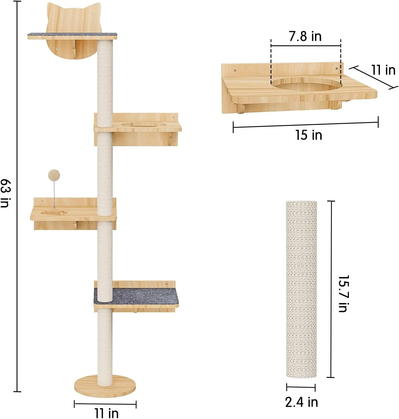 Wall Mounted Cat Tree with 2pcs Non-Slip Carpet, 63