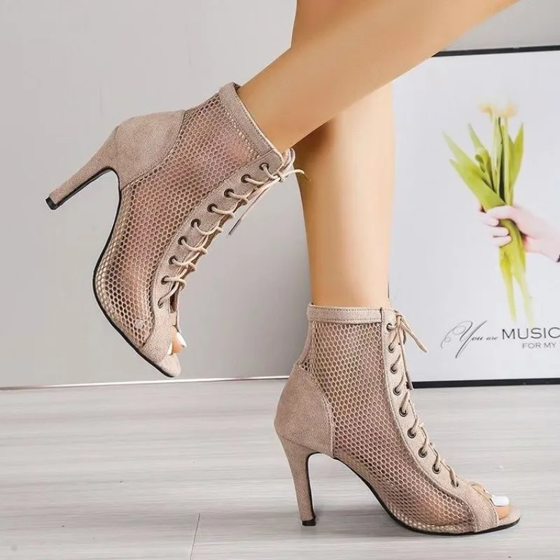 Sandales Ajourées à Talons en Maille et Ceinture pour Femme, Bottes Sexy et Ouvertes à Lacets, Beige, Stiletto, Jazz, brev, Soirée, Été