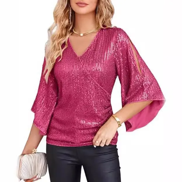 Women's Elegant Long Sleeve Blouse with Bell Sleeves V Neck Embroidery Loose Fit 3D Effect for Parties Beach Casual Wear