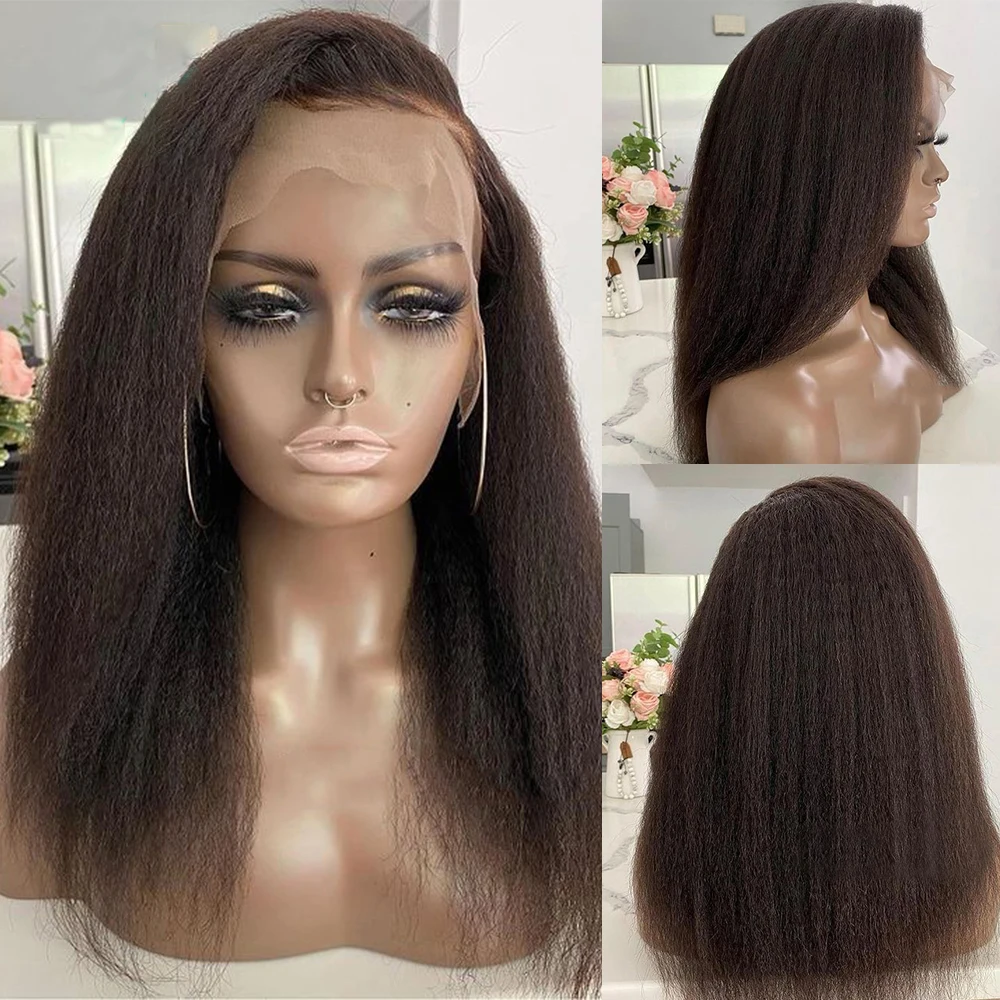 

Soft Long 28 Inch Natural Black Kinky Straight Lace Front Wig For African Women BabyHair Preplucked Synthetic Glueless Daily