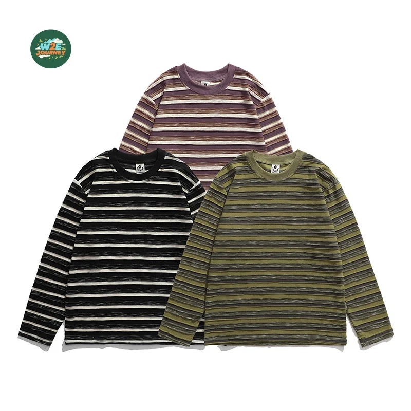 

W2EJOURNEY High Quality Men Striped Long Sleeve Trendy Brand Crew Neck Pullover for Men and Women Loose Spring Autumn Tshirt