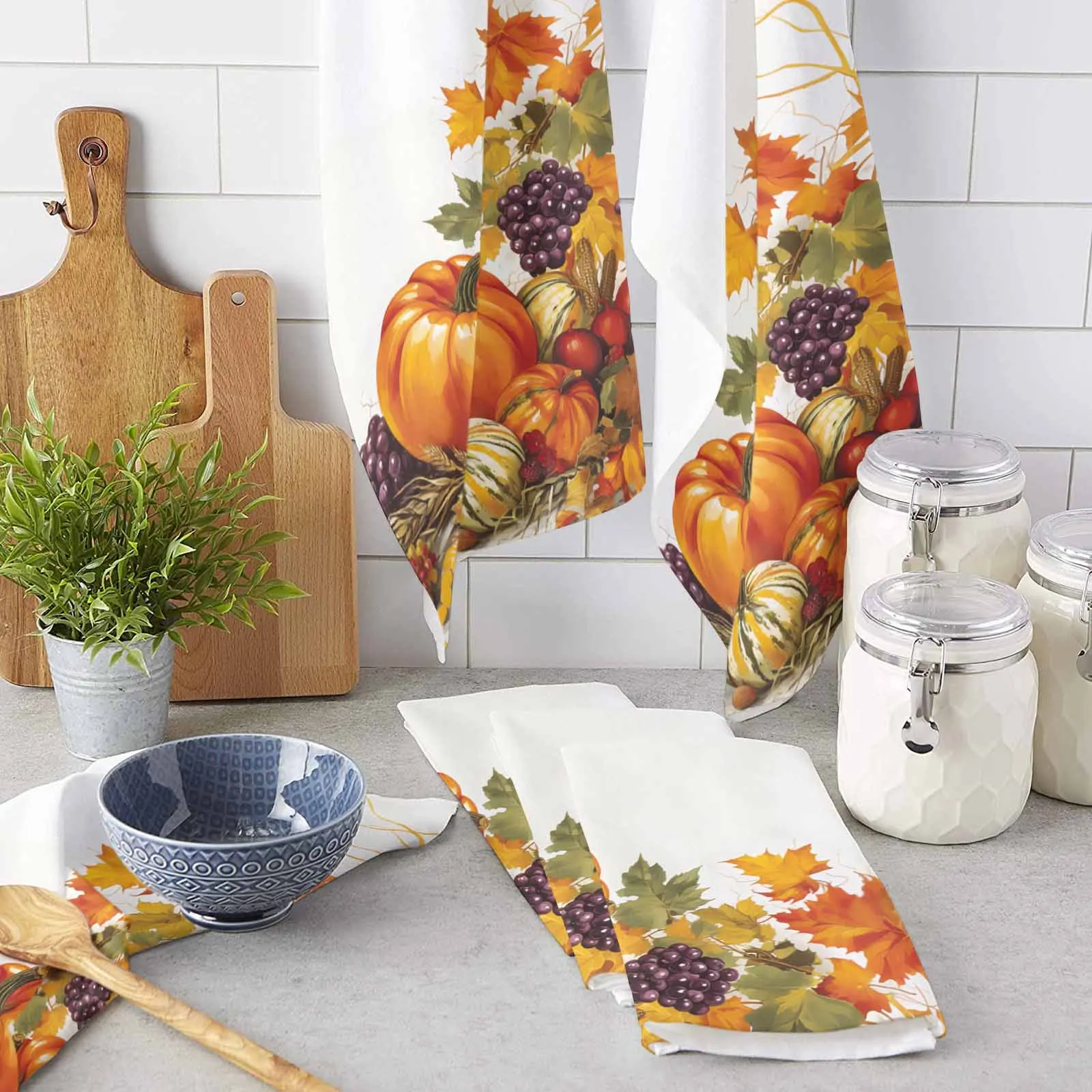 Autumn Pumpkin Grapes Maple Leaves Microfiber Towel Absorbent Kitchen Cleaning Cloth Dish Towel Household Cleaning Towel