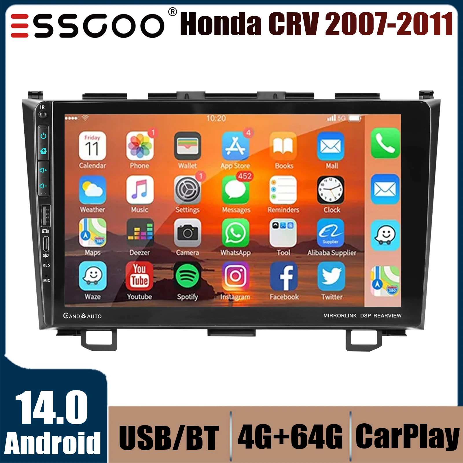 4 + 64G pour Honda CR-V CRV 2007-2011 Android14 Carplay 9 "autoradio WiFi BT USB GPS Navigation IPS écran tactile FM/RDS SWC
