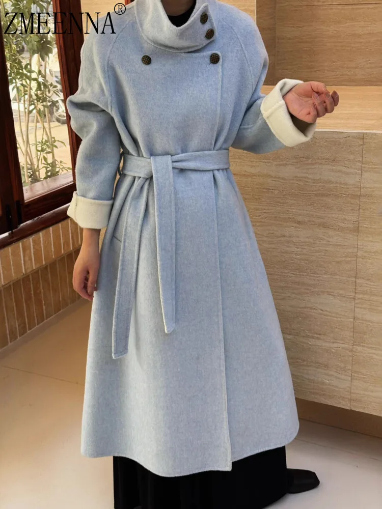 

ZMEENNA Women's Wool Blend Belted Maxi Coat High Stand Collar Elegant Button Up Winter Jacket With Pockets ZM3625