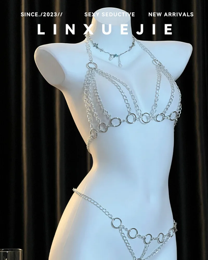 

Новый пикантный стиль девушки, ажурная цепочка, бикини, женский костюм с металлическим железным кольцом, искушение, бикини, униформа, сексуальный купальник, женский