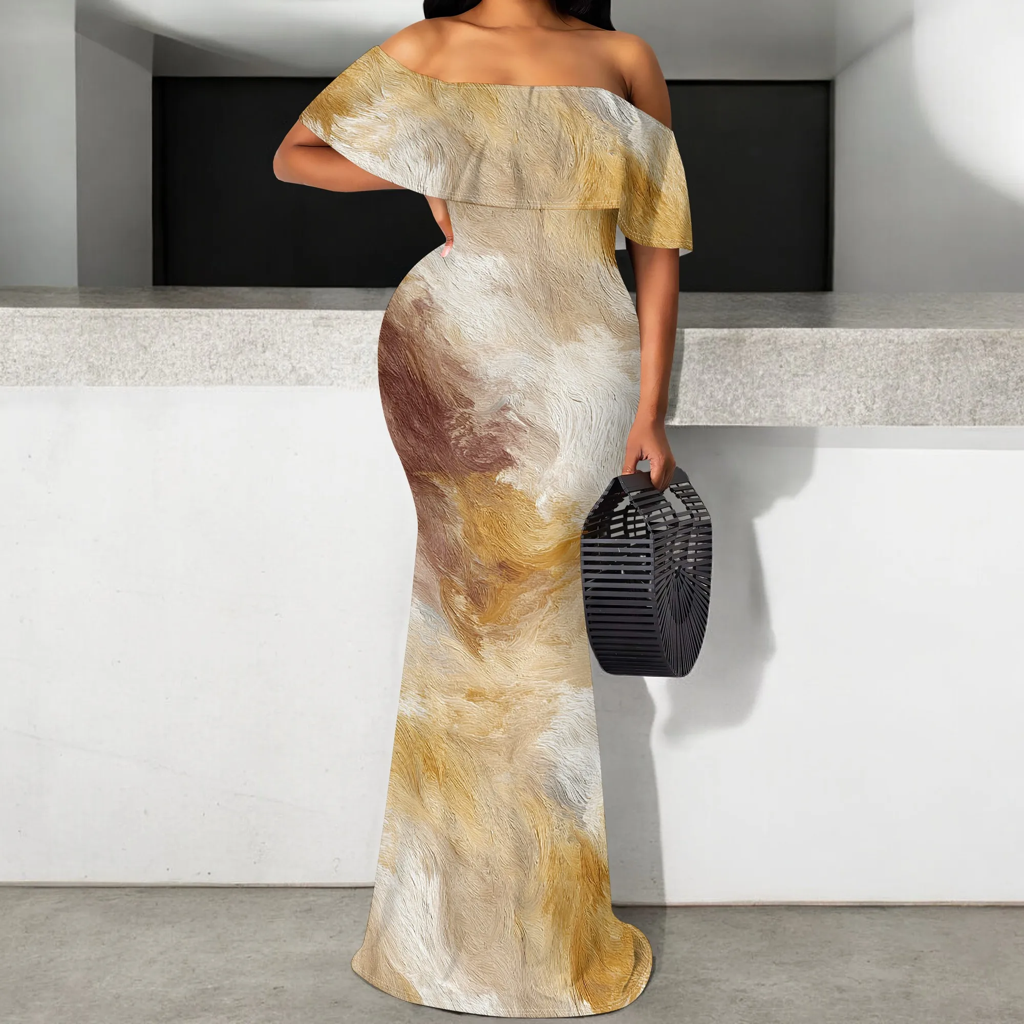 

Women's Off Shoulder Maxi Dress S-3XL Abstract Brushstroke Print Elegant Party Bodycon Gown Formal Event