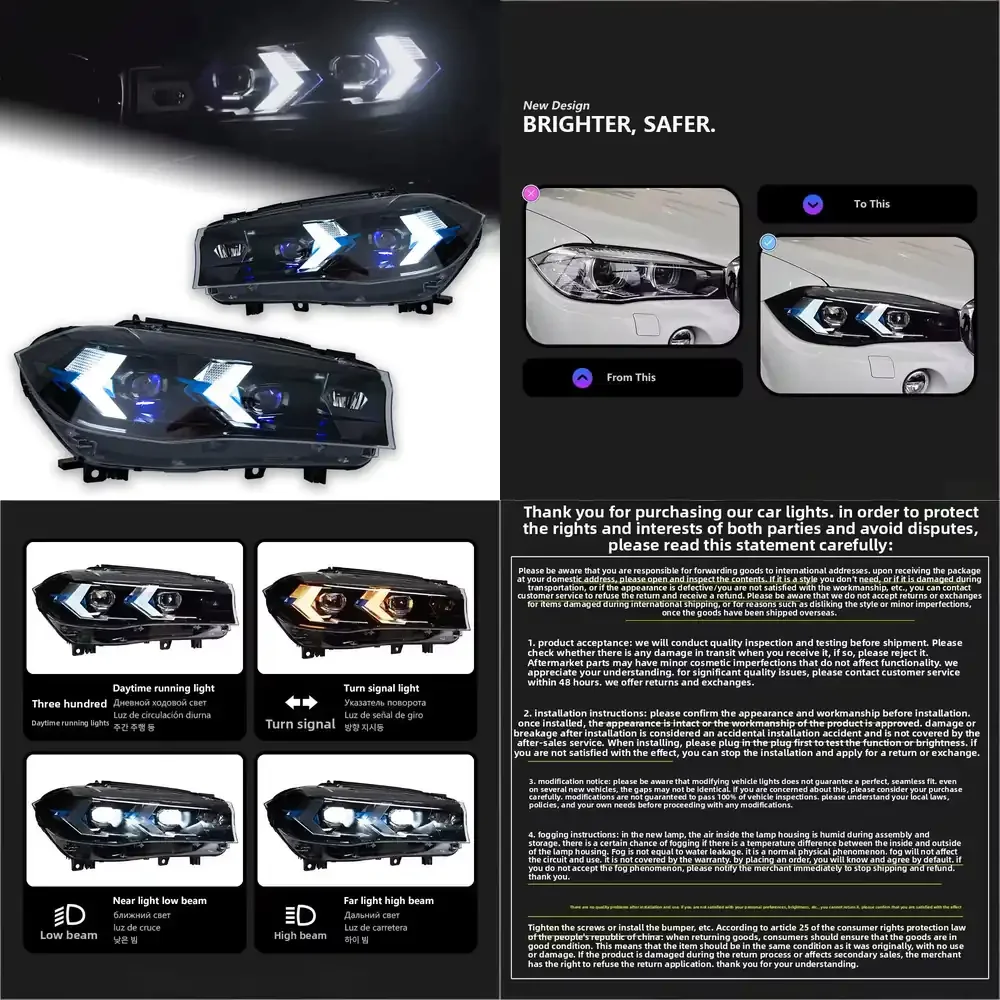 Dedicated 14-18 for X5 F15 Headlight Assembly 30W 12V LED Flowing Daytime Running Lights Modified Arrow Style Car Lights
