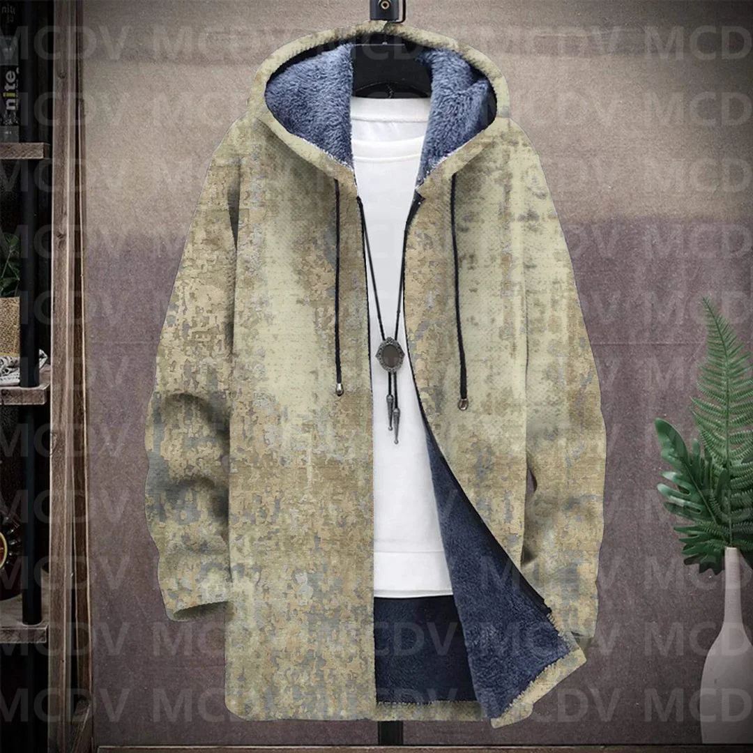 Men's Retro Print Plush Thick Long-Sleeved Coat Fleece Hooded Overcoat Unisex Thick Warm Jacket-1