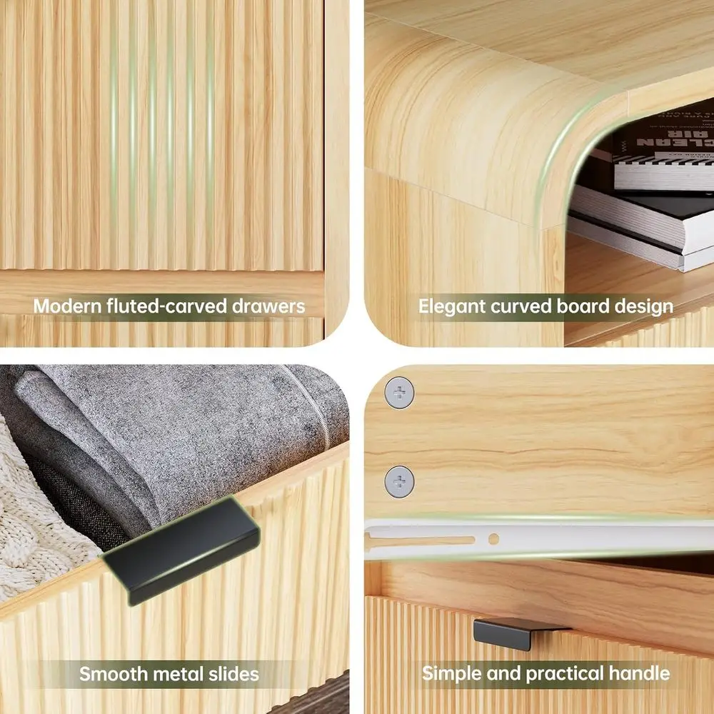 منضدة من خشب البلوط الحديث مع درجين، تصميم مخدد، محطة شحن، ملف تعريف منحني، خزانة تخزين لغرفة النوم