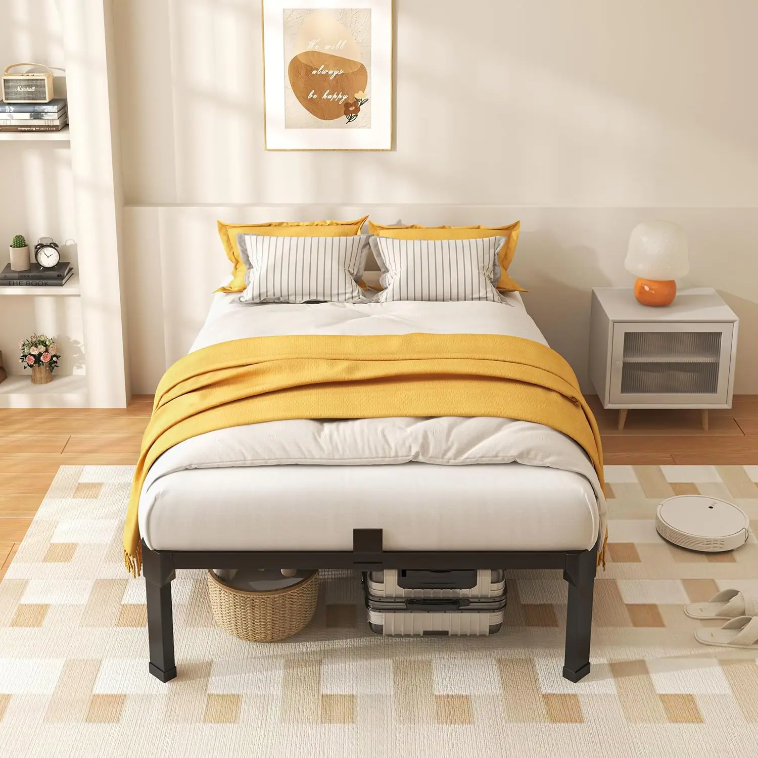 

18 H Twin Size Bed Frame With Mattress Slide Stopper - Single Bla Basic Anti Squeak Steel Slats Metal Platform, Heavy Duty