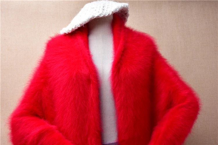 Female Women Fashion Red Hairy Plush Mink Cashmere Knitted Long Sleeves Loose Cardigans Mantle Angora Fur Sweater Jacket Pull