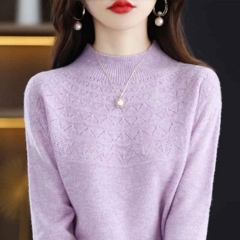 New 100% pure wool single-thread ready-to-wear hollow women\'s pullover semi-high collar cashmere sweater solid color