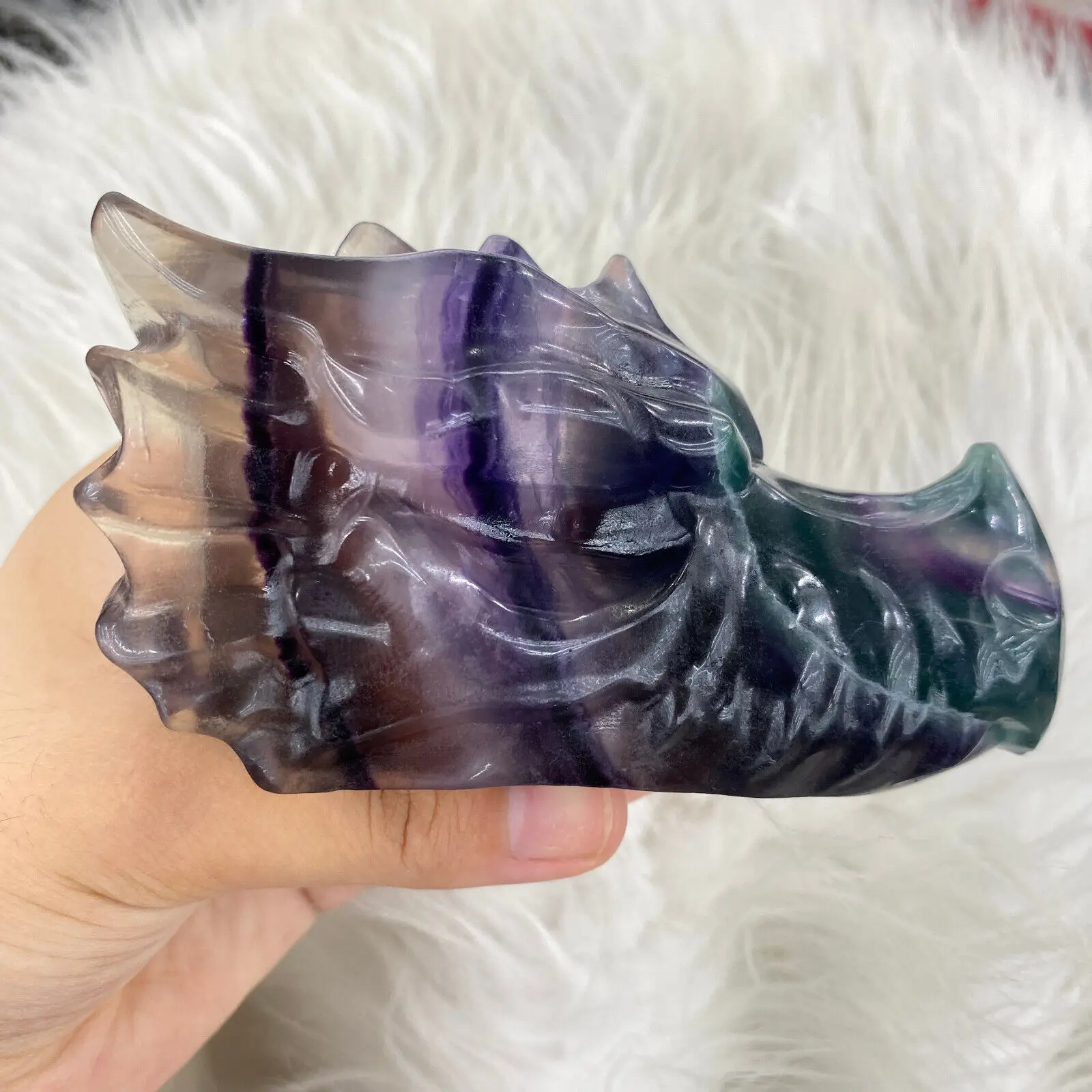 

Natural Color Fluorite Carved Dragon Head Bone Quartz Crystal Mineral Reiki Treatment Home Demagnetization Decoration Energy Gem