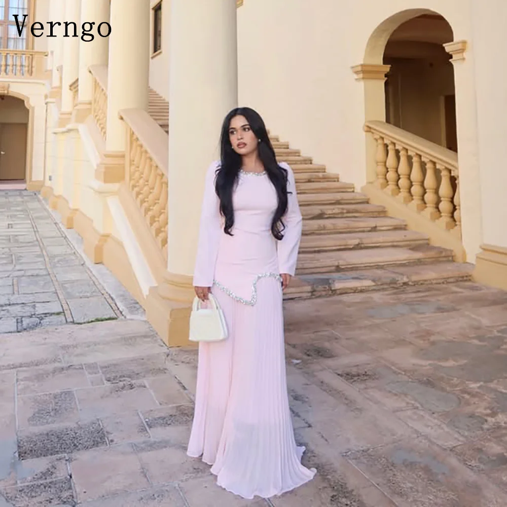 

Verngo Pink Crepe Sequined Evening Dress O Neck Full Sleeves A Line Formal Occasion Dress Elegant Prom Gowns Customized