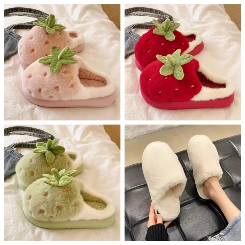 

35-40 милые клубничные хлопковые тапочки для женщин, зимние домашние теплые плюшевые тапочки с толстой подошвой, нескользящая верхняя одежда, тапочки