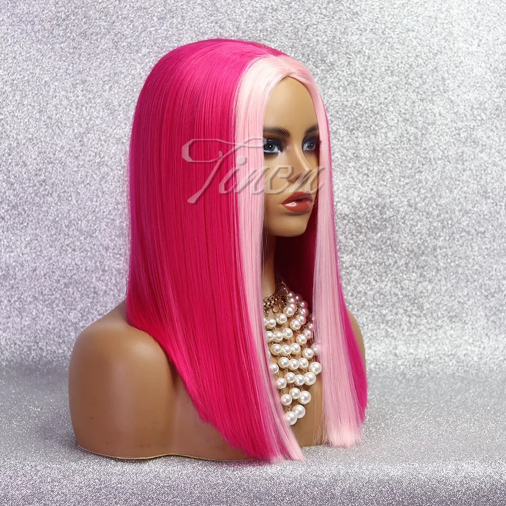 Hot Pink Bob with Baby Pink Highlights No Lace Synthetic Wig Short Straight Wigs