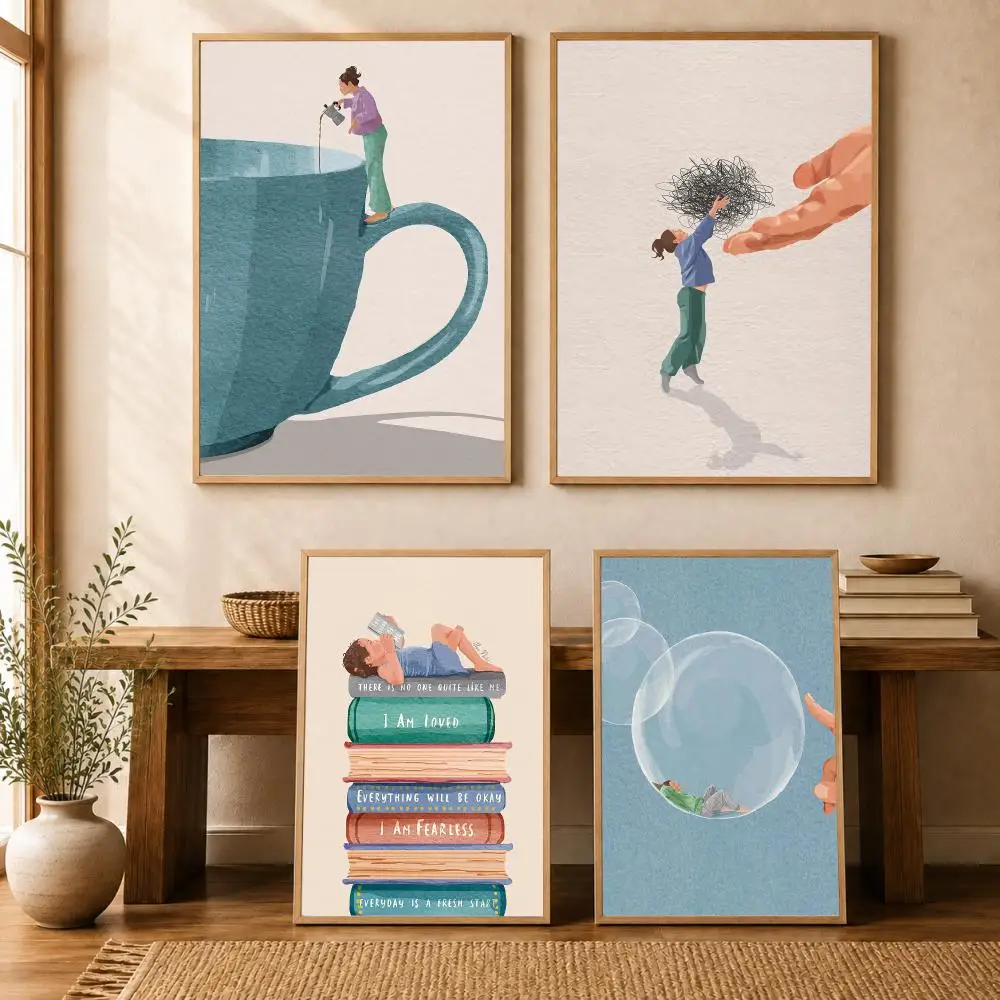 Girl Read Book Balloon Cup Poster Wall Stickers Self Adhesive Painting HD Art Decals for Bedroom Living Room Home Decor