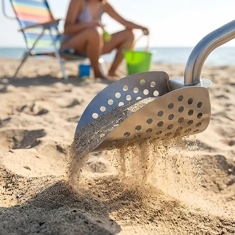 Beach Digging Sand Sifter Spade Tool with Perforated Basket, Stainless Steel Long Handle for Shell Collecting, Beach Searching