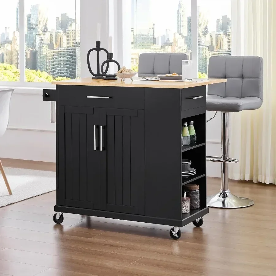 Kitchen Island Cart with Storage, Drop Leaf, Open Shelves