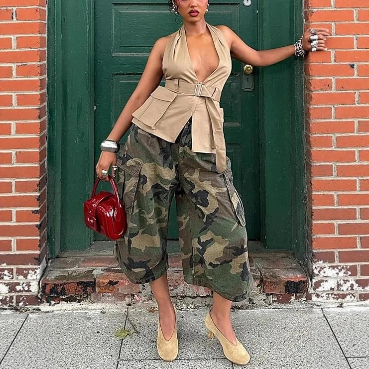 Women's Camouflage Print Cargo Culottes Pants High Waist Multi Pocket Baggy Wide Leg Shorts Y2K Streetwear Casual Summer Outfit