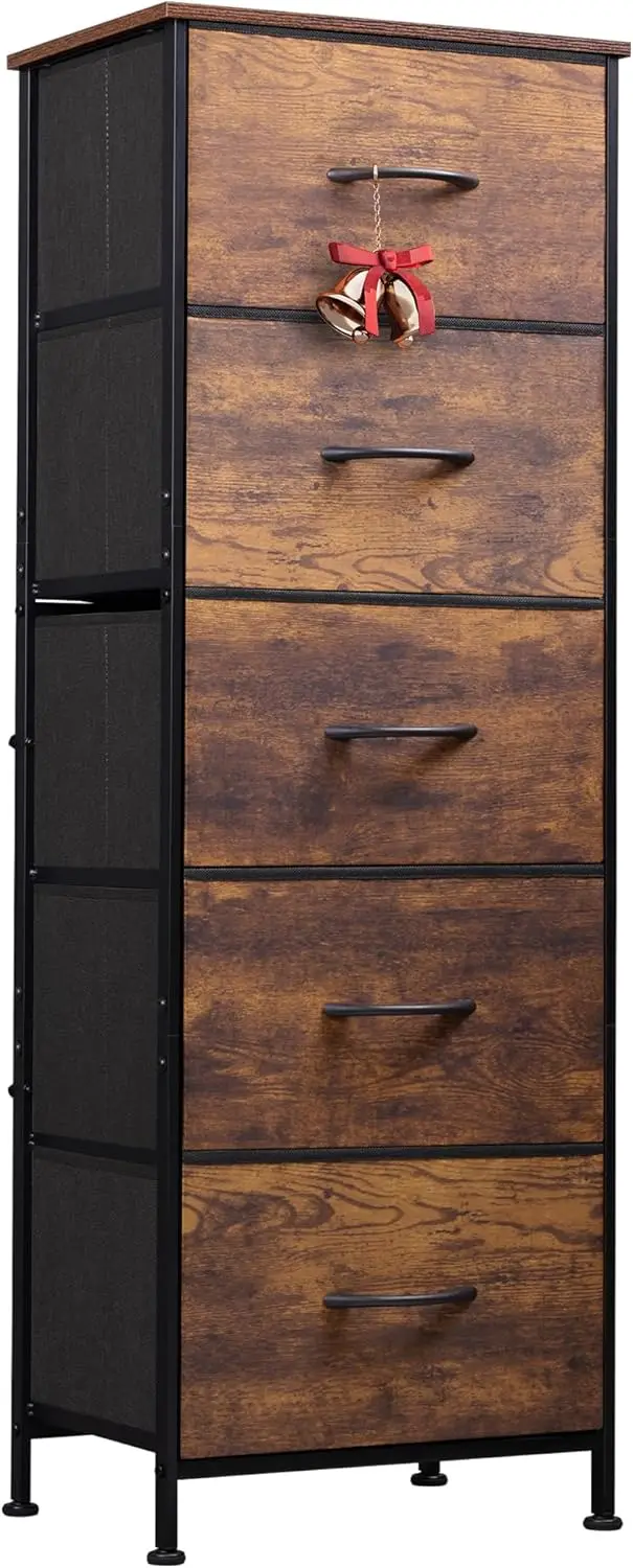 5-Drawer Tall Dresser for Bedroom, Storage Dresser Organizer with Fabric Bins, Wood Top, Sturdy Steel Frame,Chest of Drawers