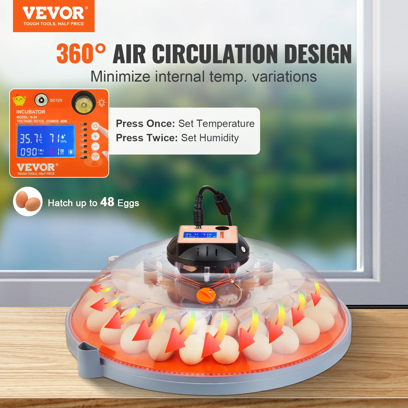 VEVOR-Incubadora Automática de Ovos com Exibição de Temperatura e Umidade, Egg Turner para Frango, Ovos para Chocar, 48 Ovos, 360 °