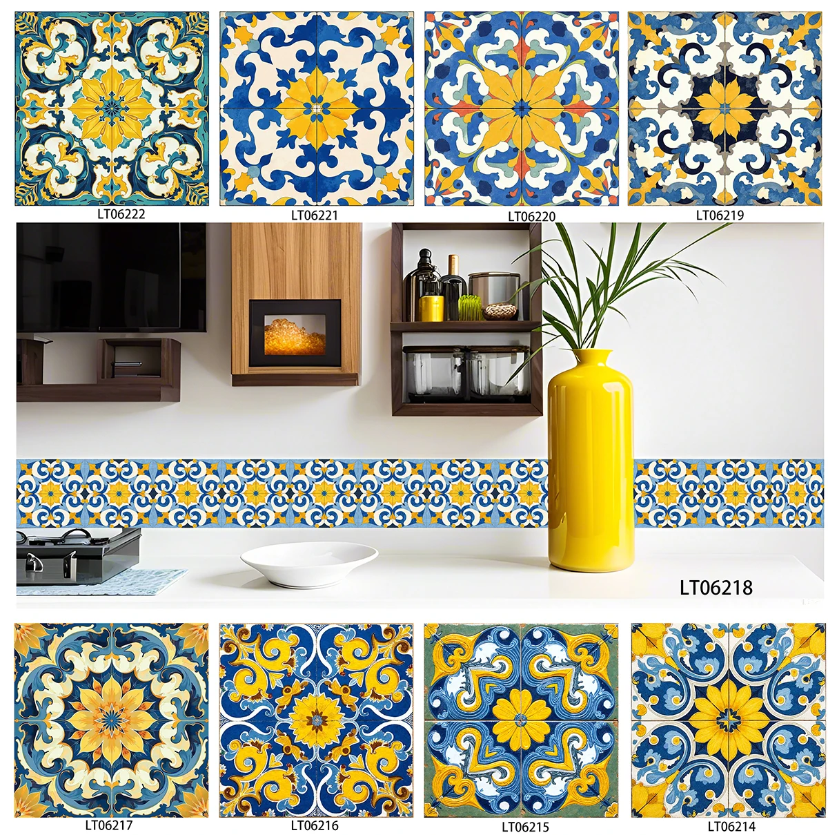 Blue Yellow Moroccan Floral Tile Stickers Self Adhesive Waterproof Wall Decals for Kitchen Cabinet Stair Riser Skirting Decor