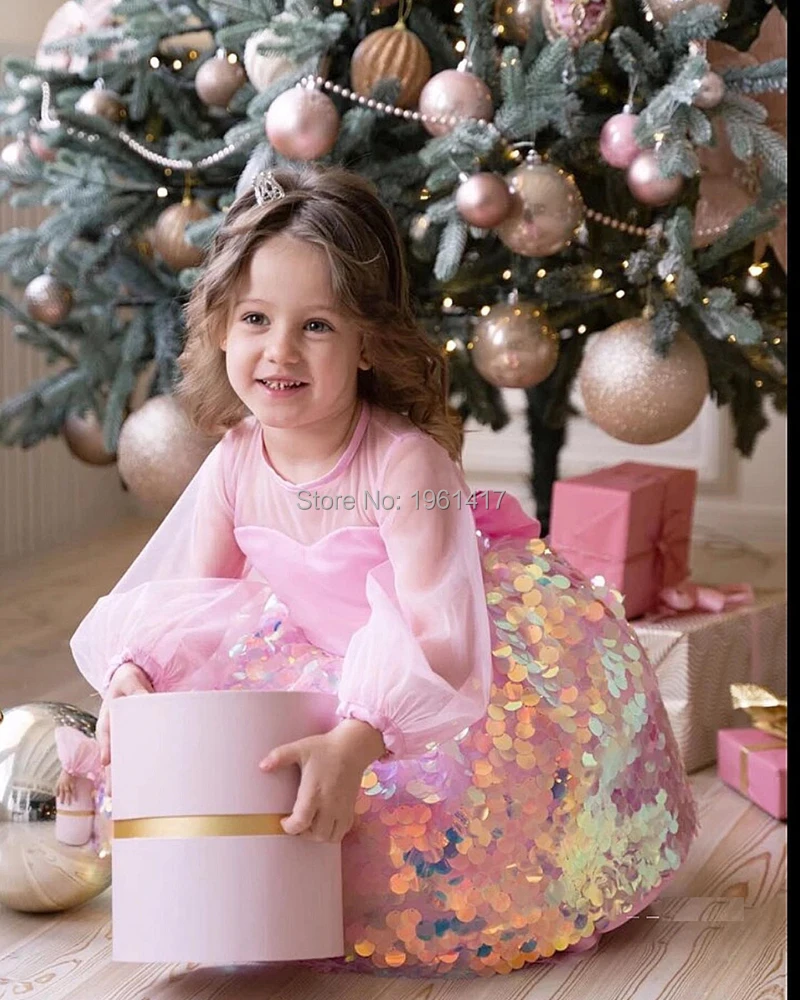 Bonito rosa bebê meninas vestido de festa para aniversário mangas compridas gitter lantejoulas brilhantes tutu casamento formal pageant festa