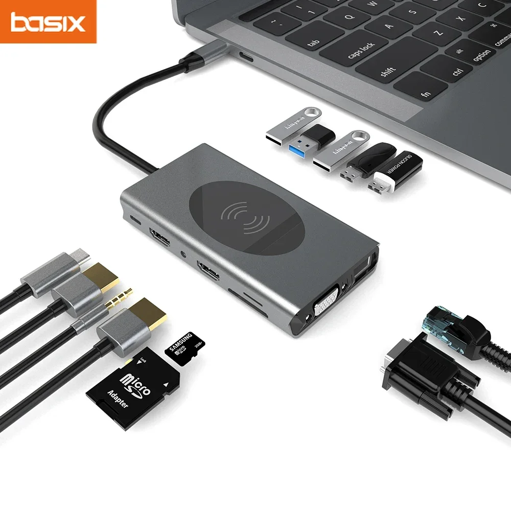 

usb c hub Dock Station with Dual HDMI-Compatible Type C 20W Wireless Charging RJ45 Ethernet for Macbook M2 M1 Docking Station