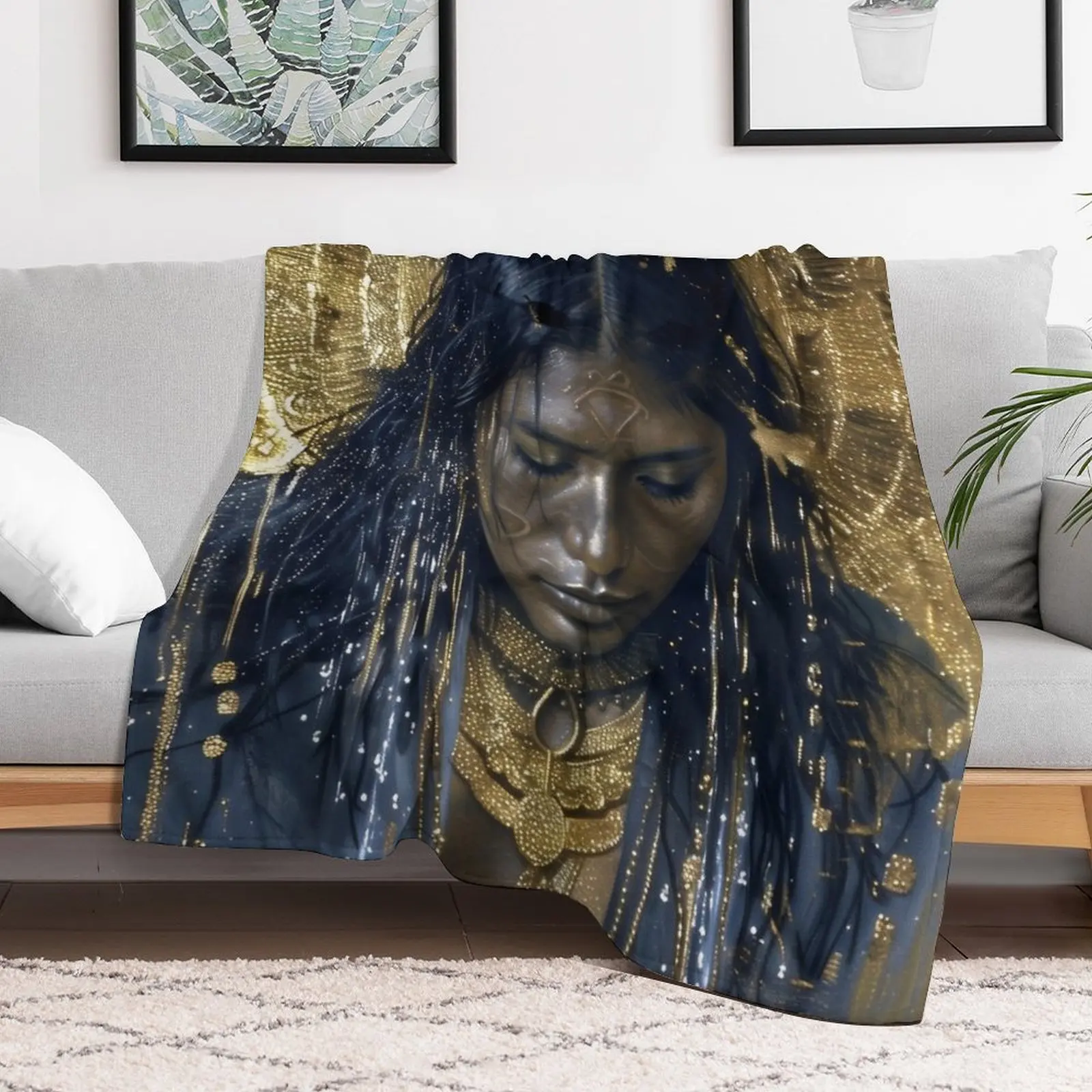 Taino Goddess Atabey Surreal Gold Art Throw Blanket Decorative Sofas Blankets Sofas Of Decoration Travel Blankets