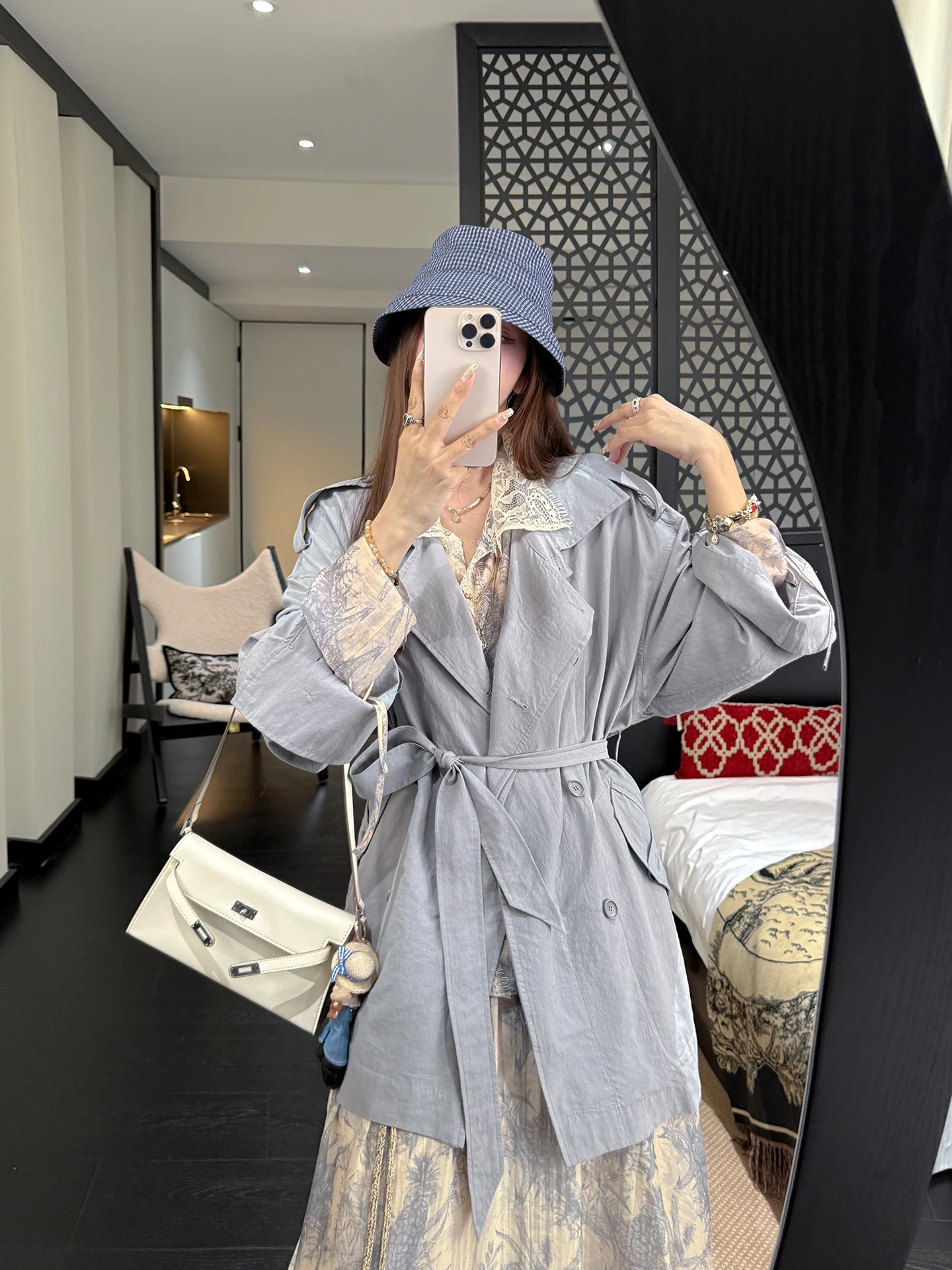 

ay Blue Linen ort Свободная пригородная ветровка от Zhang ei Korean Sle Long Sve с двойной пуговицей Pure Color