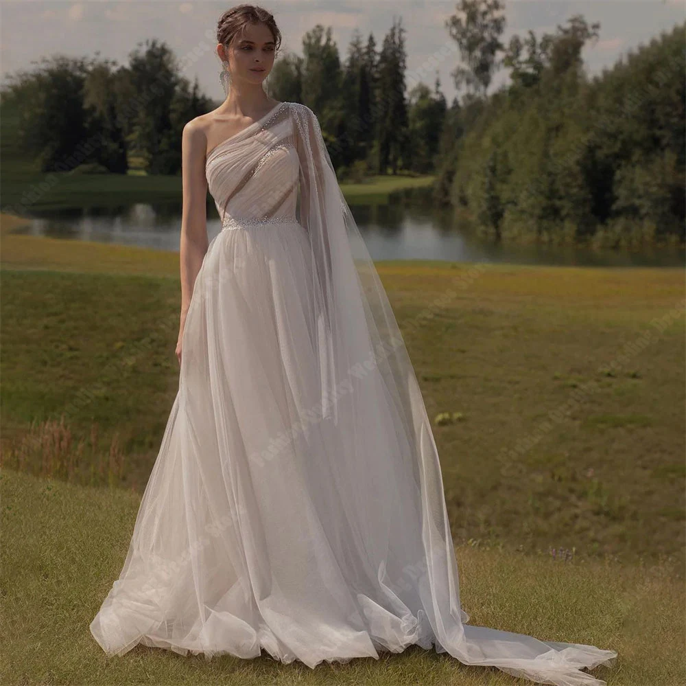 Eenvoudige Stijl Enkele Schouderband Trouwjurken Voor Vrouwen Formele Feestvloer Dweilen Effen Kleur Prinses Vestidos De Novias