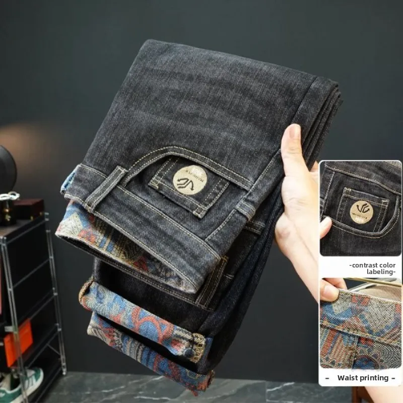 ใหม่เย็บปักถักร้อยแฟชั่นกางเกงยีนส์ตรงผู้ชายยืดสีดำสีฟ้า SLIM FIT กางเกงสบายธุรกิจกางเกงยีนส์ผู้ชายเสื้อผ้า