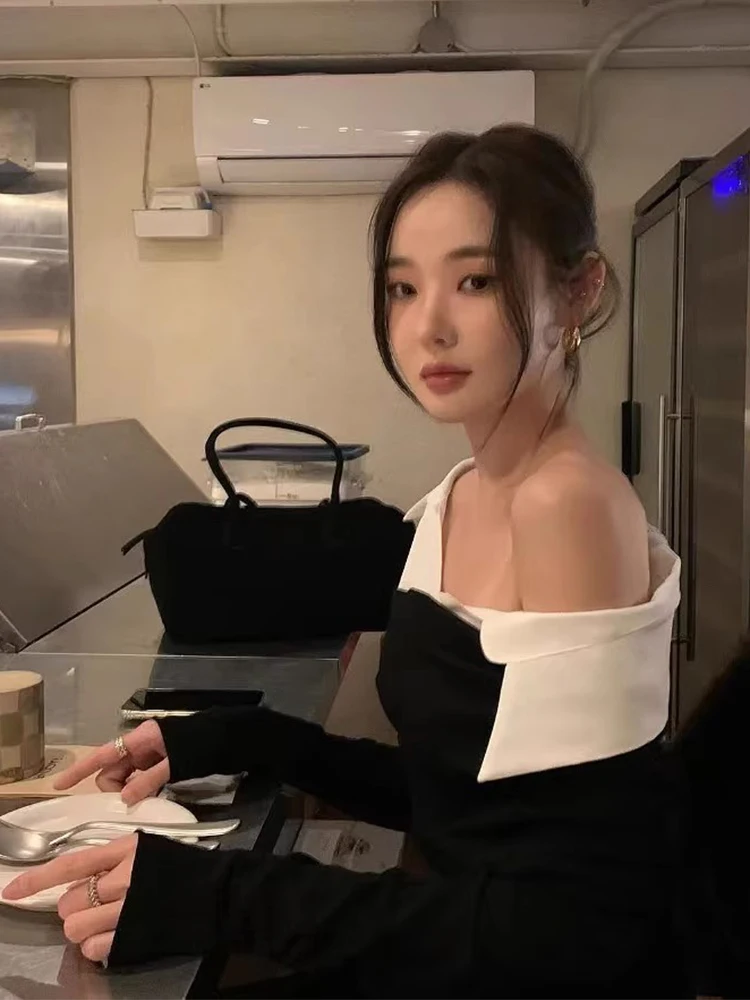 

Chic Long Sve One oulder Design Women's Top Sexy Clavicle Exposure Color Blo Matching Versatile Spring Autumn irt