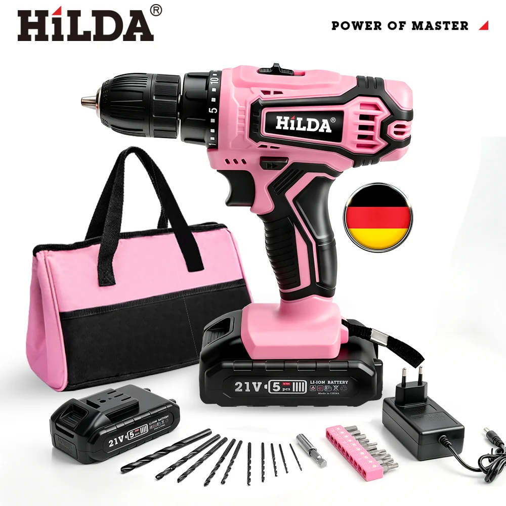 HILDA Akku-Bohrschrauber, tragbar, Pink, 21V, wiederaufladbarer Akku, Elektroschrauber, Haushalts-DIY-Werkzeug mit Werkzeugtasche, als Geschenk für Damen