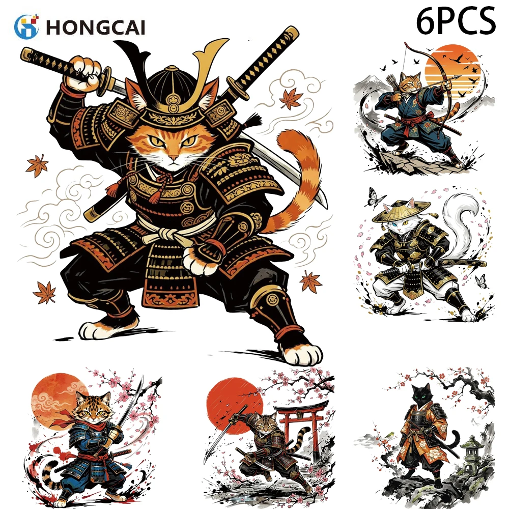 6 samurai cat DTF heat transfers, for hoodies & tote bags, wash resistant, ready to press