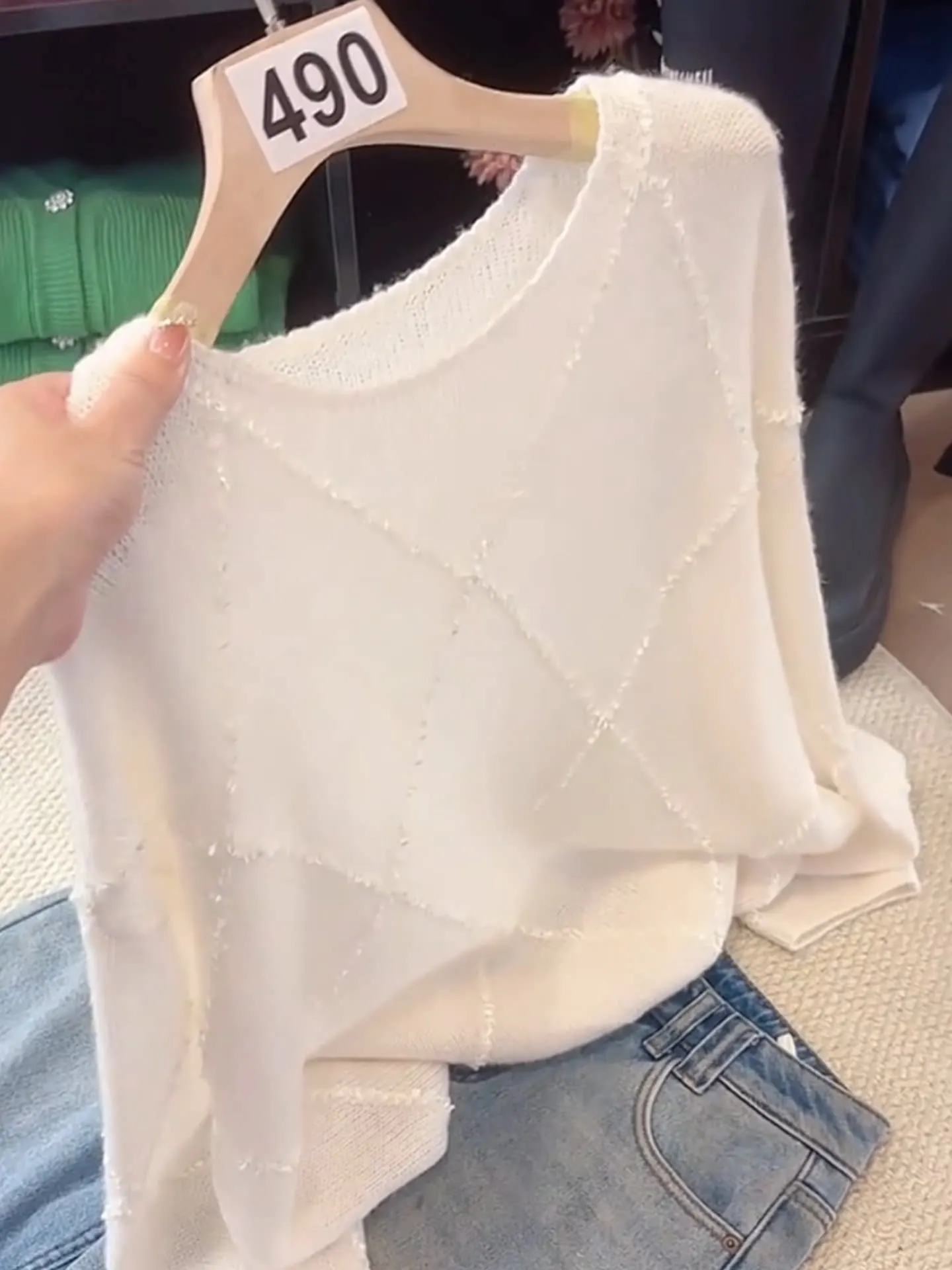 Korean Style Loose Fit round Neck Knitted Sweater Women's Cashmere Long Sleeve Thermal Top Diamond Hook Pattern Base Layer