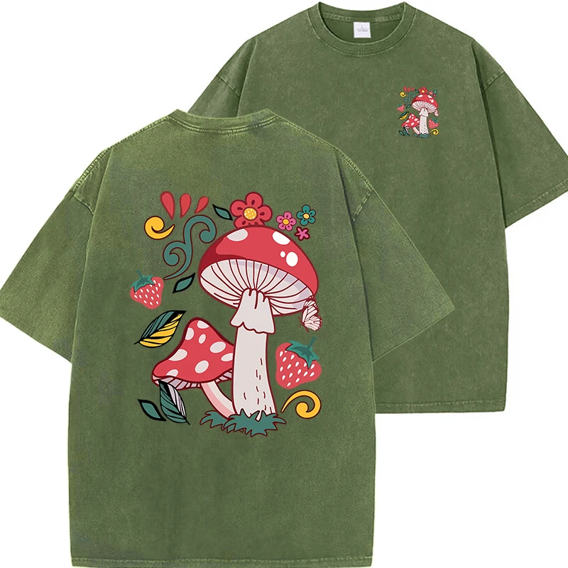 

Beautiful Mushrooms And Delicious Strawberries Print Man s Tee Clothing Summer Vintage Washed Cotton T-Shirts Popular Tee Shirt