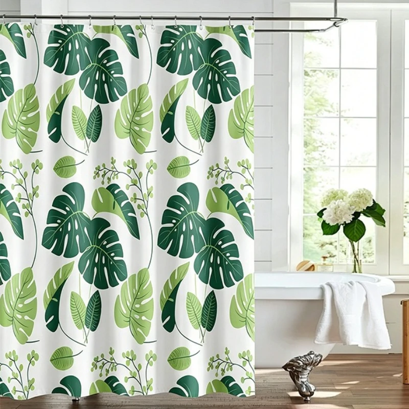 Shower Curtains Green Plant Print Bathroom Curtain Turtle-back Leaf Waterproof Farmhouse Postal Style PEVA Fabric with Hooks