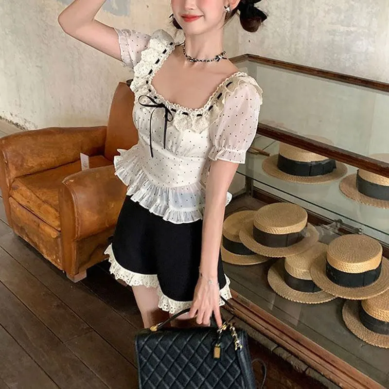 Elegant Square Collar Slim Blouse Polka Dot Female Clothing Stylish Lace Spliced Drawstring 2024 Summer French Style Waist Shirt