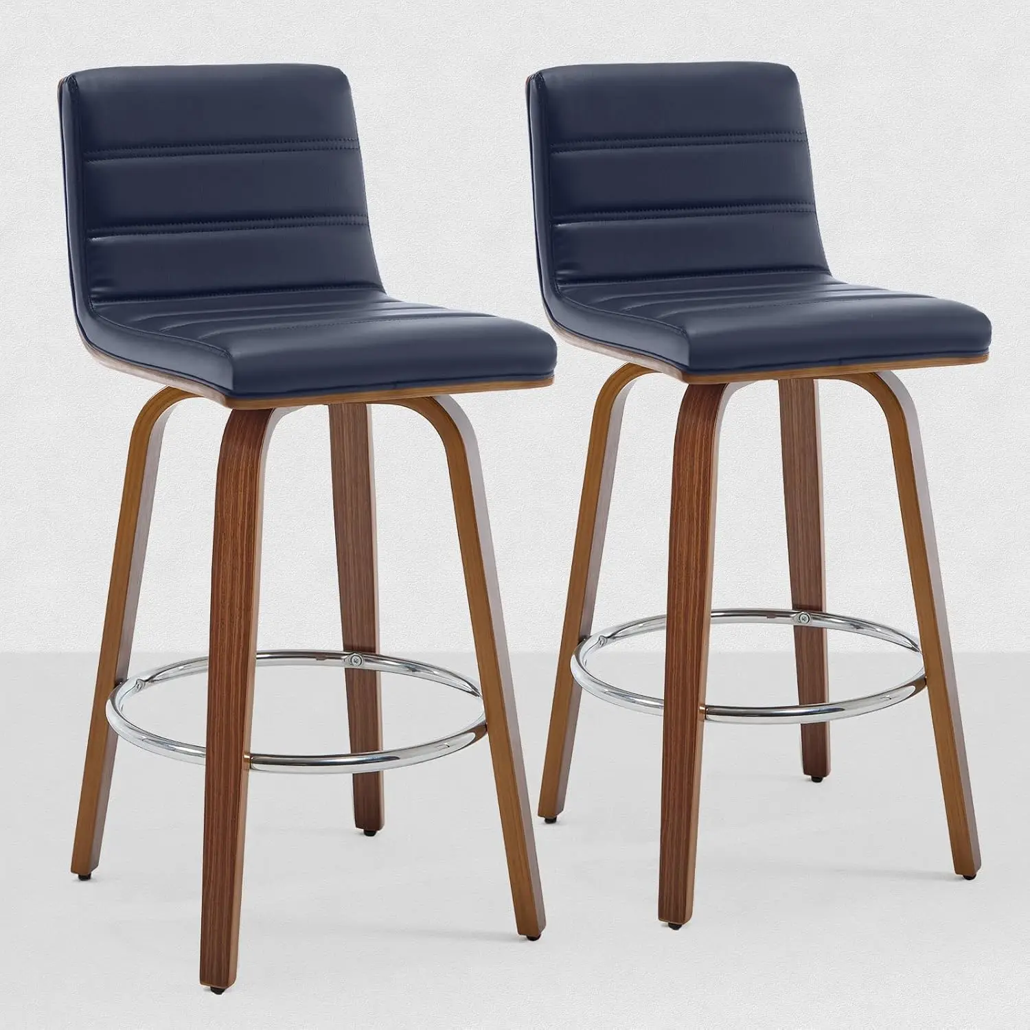 Bar Stools 26 Inch Counter Height, Set Of 2, PU Leather Swivel Counter Stools With Backs, L Shape Back And Bentwood, Customized