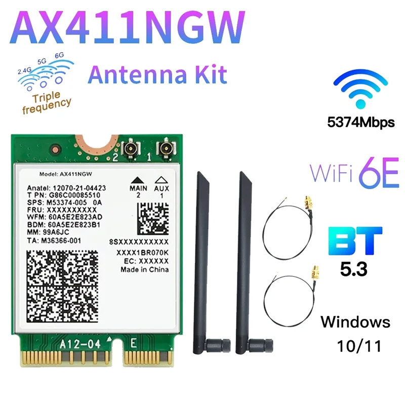 For Intel AX411 WiFi Card+8DB Antenna for Laptop/PC Win10/11-64Bit