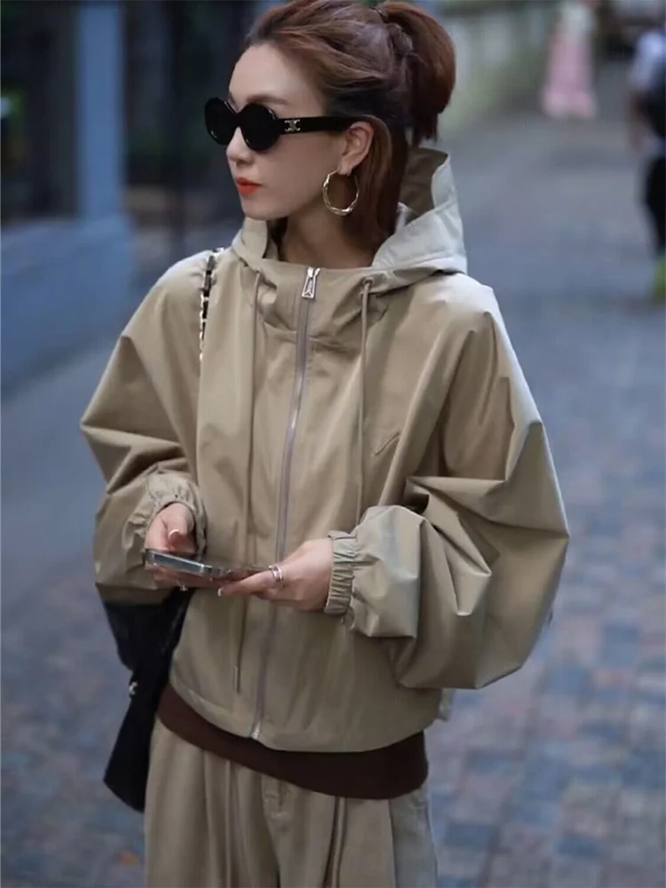 

Женская свободная куртка на молнии с капюшоном для весны и осени, элегантная повседневная верхняя одежда